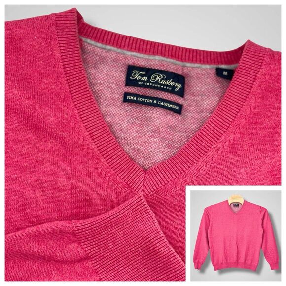 Tom Rusborg Copenhagen Pink‎ V-Neck Pima Cotton Cashmere Luxury Sweater M - Picture 1 of 9